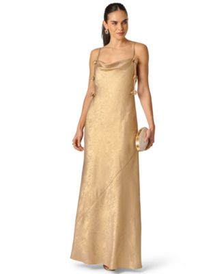 gold wedding dress for guest Mac Duggal Sleeveless V-Neck Pleated Top Metallic Dress, Womens, L, Antique Gold main image 0