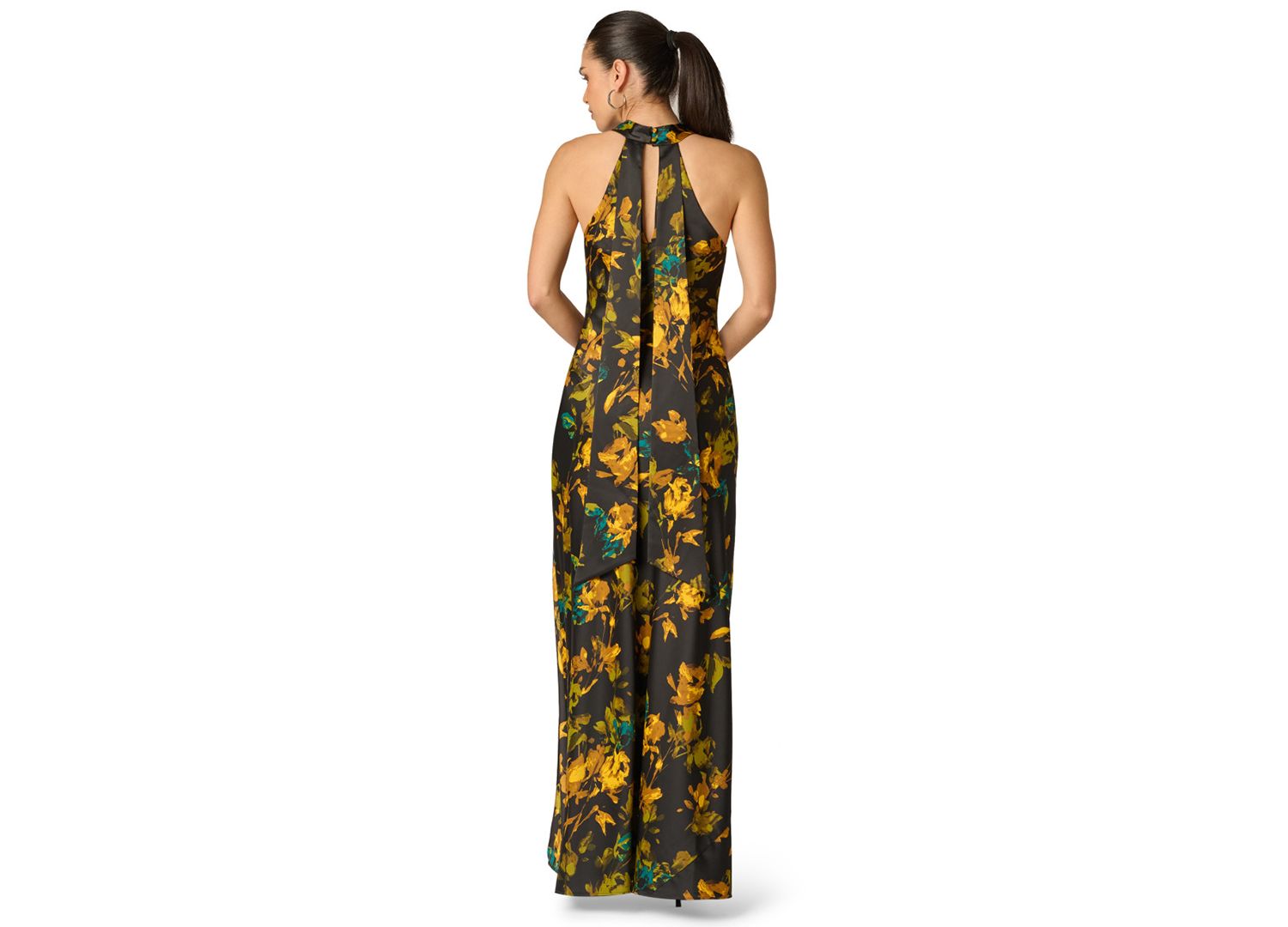 Women's Floral Stretch Satin Scarf Halter Gown