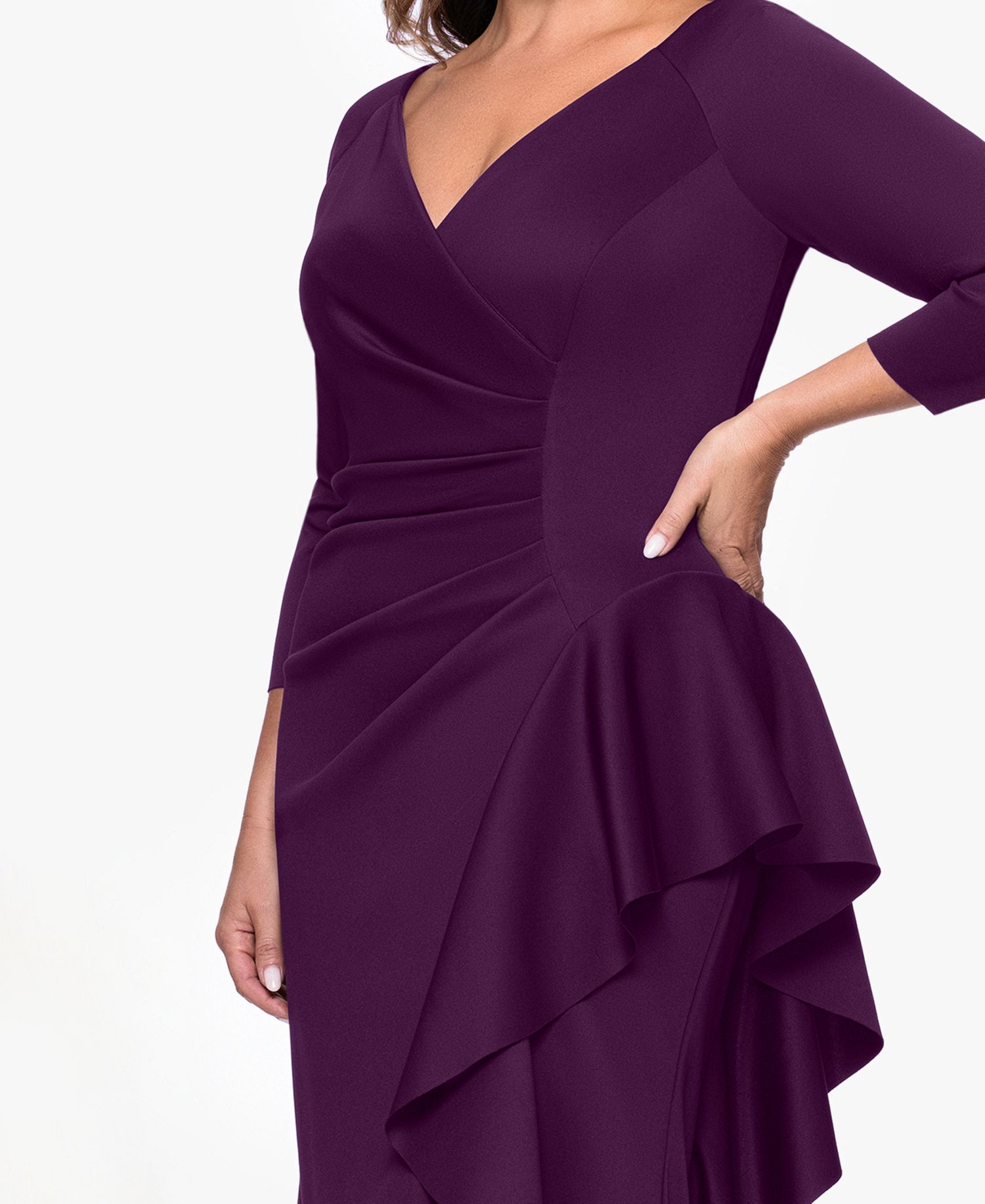 Plus V-Neck Ruffled Side-Slit Scuba Gown