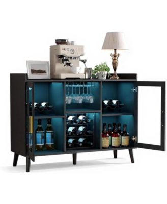 Wine Bar - LED Lighting, Glass Doors, 18-Bottle Wine Racks, Glass Holders - Wood Coffee Bar Station for Home, Living Room