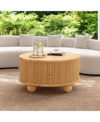 Modern Round Fluted Storage Coffee Table, Solid Wood Center Table with Sliding Doors for Living Room and Compact Spaces