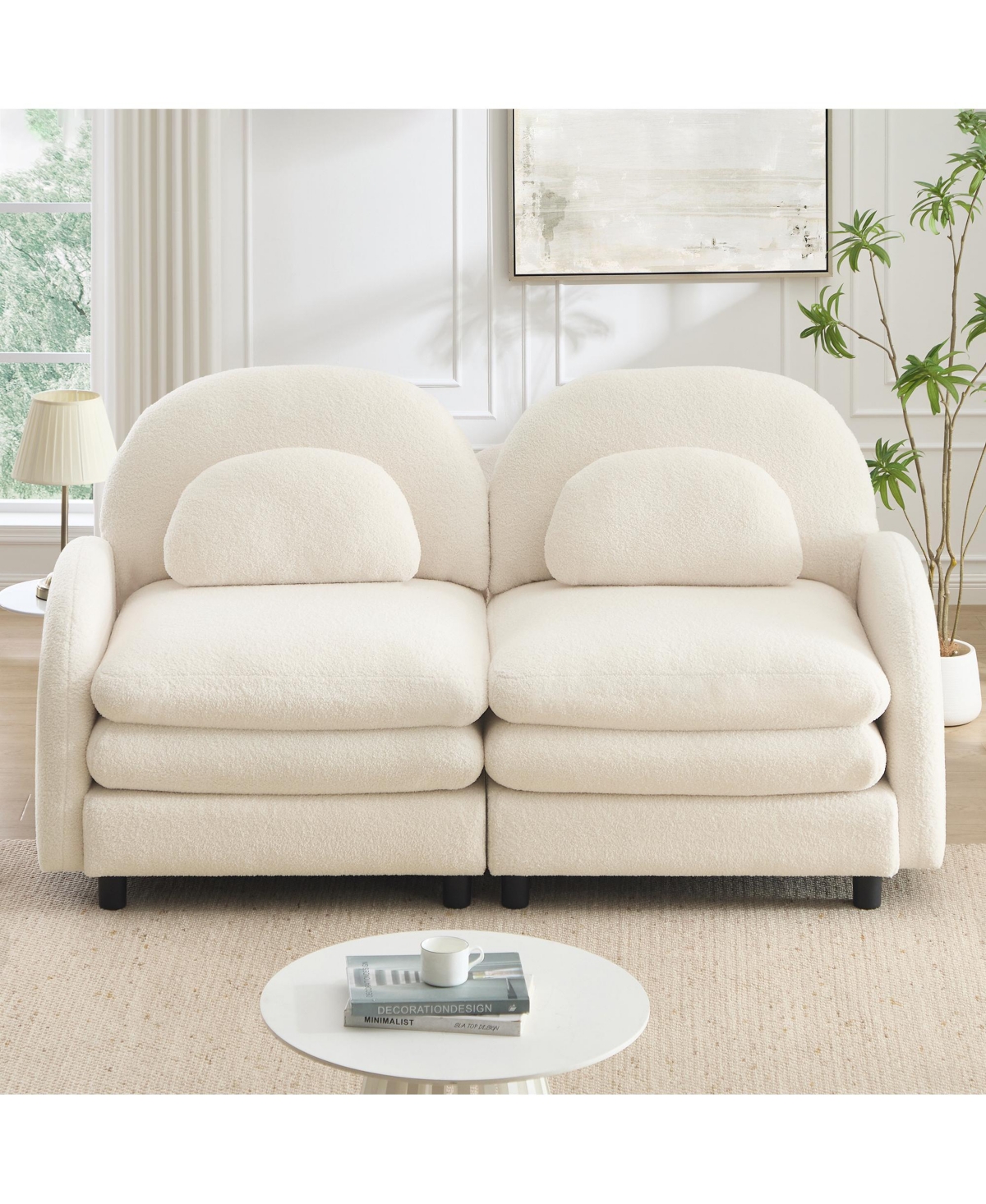 Rainsken 2-Seater Curved Teddy Fabric Loveseat Sofa, Flexible Modular Couch with Curved Lumbar Support Pillows for Living Room Decor