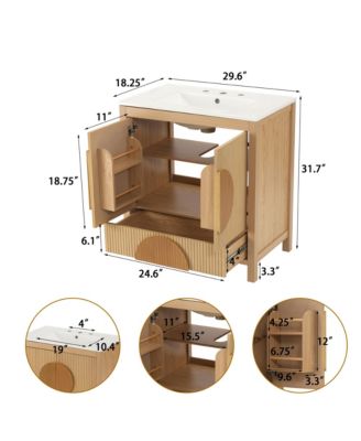 30 Inch Fluted Bathroom Vanity with Sink Freestanding Modern Wood Cabinet Soft Close Doors 1 Drawer Open Storage Circular Accent