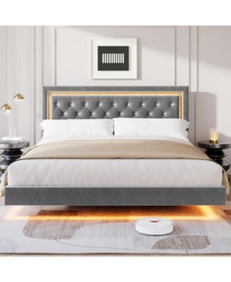 Floating Bed Frame with LED Lights, Upholstered Platform with Diamond Headboard, Wood Slats Support