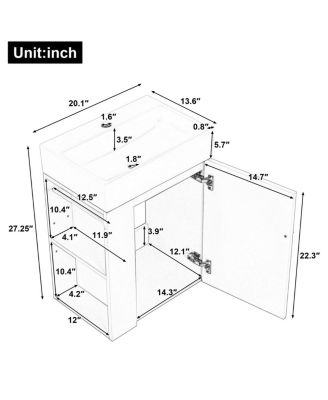20 Inch Bathroom Vanity with Ceramic Sink, Side Storage Shelves and Towel Bar, Wall Mount Cabinet for Small Spaces