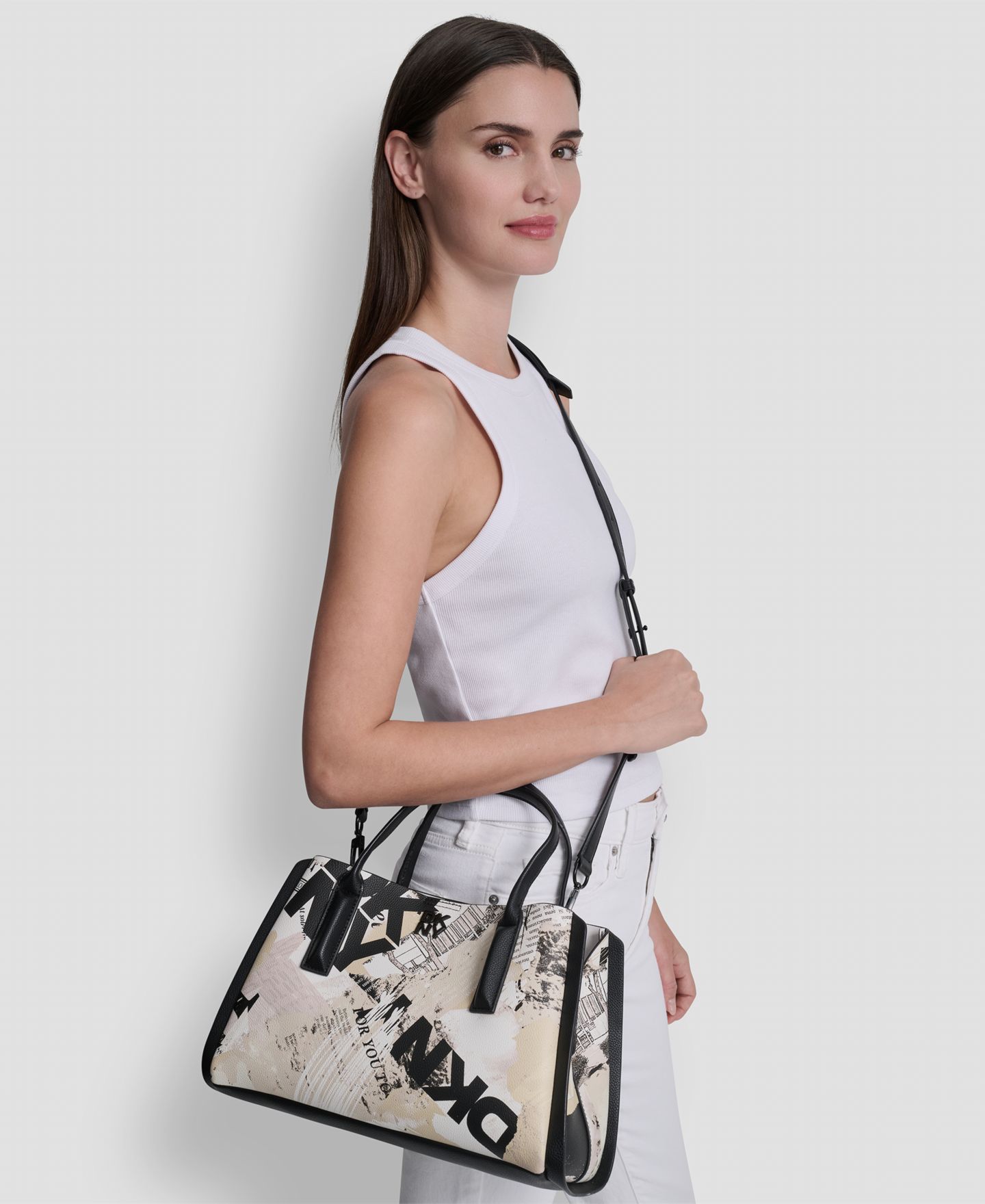 Женская сумка DKNY Josie Medium Josie Satchel Handbag, цвет: Белый / Чёрный — фото 7