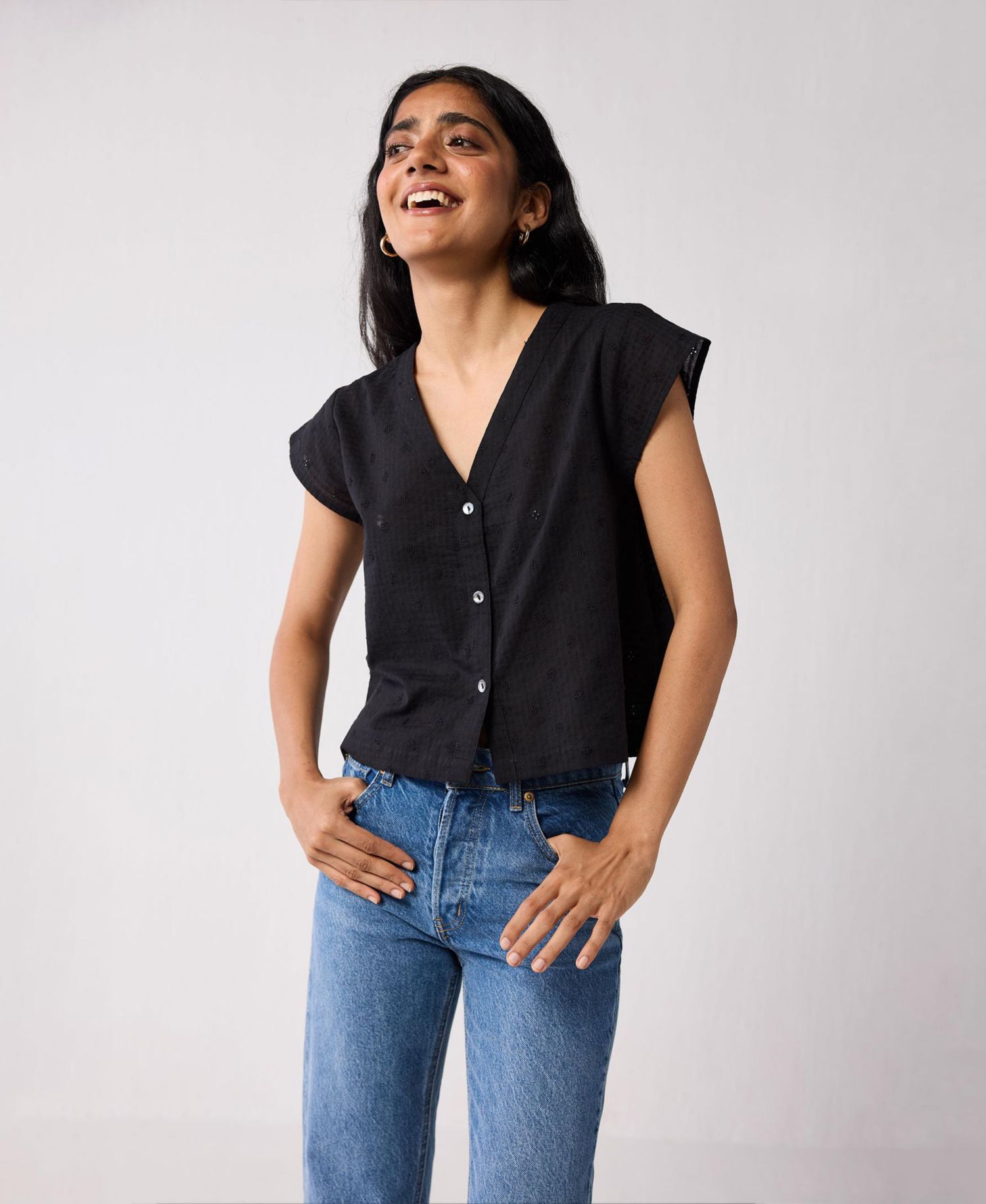 Women's V-Neck Embroidered Top with Front Buttons
