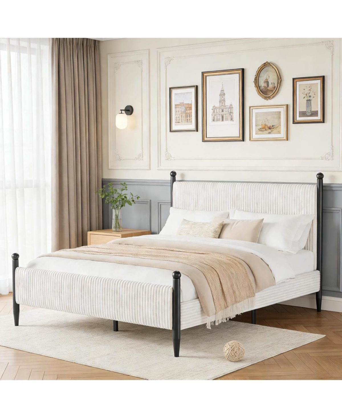 gaomon Full Upholstered Bed Frame with Vertical Stripe Headboard, Corduroy Fabric, Metal Legs, No Box Spring Needed