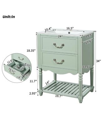 24 Inch Vintage Bathroom Vanity with Ceramic Sink, U-Shaped Drawers and Open Storage Shelf for Small Spaces