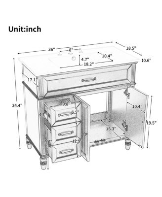 36" Vintage Bathroom Vanity with Ceramic Sink, Acacia Wood Freestanding Cabinet, Soft Close Drawers for Small Bathrooms.