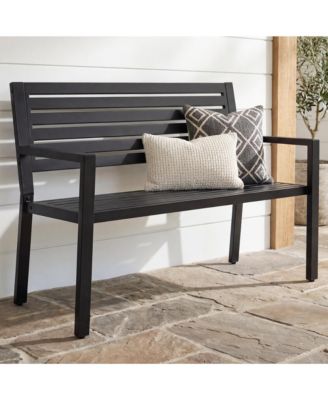 Outdoor Metal Bench Patio Garden Bench, 790lb Capacity, Steel Slatted Seat with Armrests