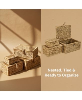 Wicker Storage Basket Set of 3 with Lids Handwoven Seagrass Decorative Organizers for Toys Clothes Home Decor