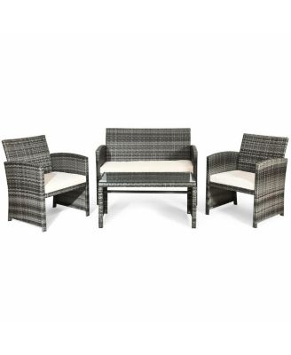 4PCS Patio Outdoor Rattan Conversation Furniture Set w/ Cushion