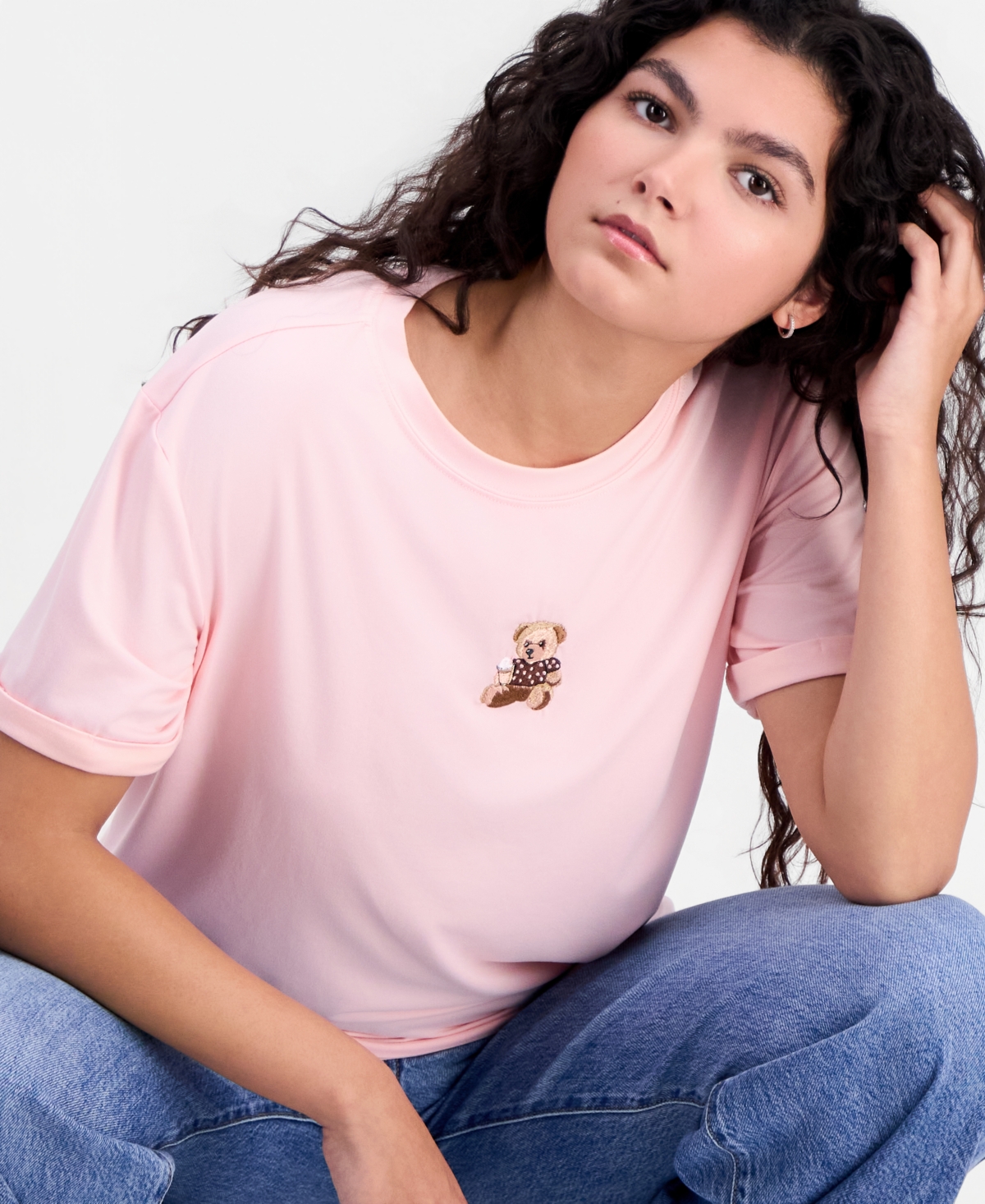 Pretty Rebellious Juniors' Bear Embroidered Crewneck T-Shirt