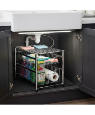 Free Standing Pull Out Cabinet Organizer Double Sliding Wire Baskets Top Shelf Stackable Metal Storage