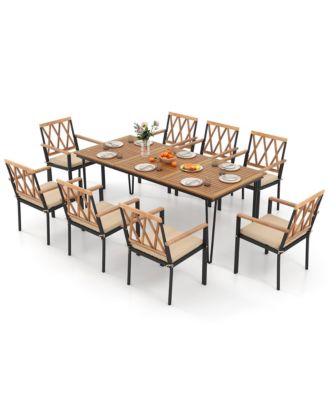 9 PCS Patio Dining Set Rectangular Dining Table w/ Acacia Wood Top Umbrella Hole