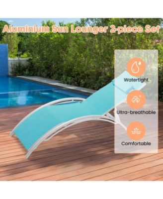 Set of 2 Aluminum Patio Chaise Lounge Chairs - Outdoor Adjustable Recliners - 4-Position Backrest, All-Weather Mesh, Heavy Duty, With Armrests