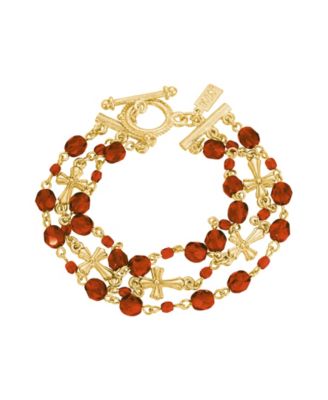 14k Gold-Dipped Red 3-Row Bead and Cross Toggle Bracelet