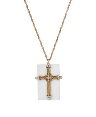 14k Gold Dipped White Real Quartz Stone Crystal Cross 28" Necklace