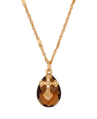 14k Gold Dipped Smoke Topaz Oval Glass Drop Crystal Cross 16"+3" Necklace