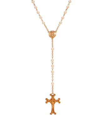 14k Gold Dipped Crucifix Faux Pearl Glass Bead Rosary Necklace