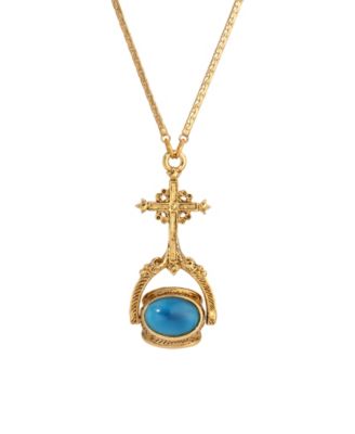 14k Gold Dipped Cross Multi Hue Blue Stones Spinner Necklace