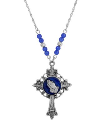 Silver-Tone Cross Blue Enamel Praying Hands 18" Necklace