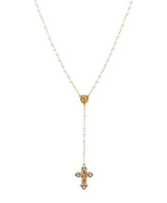 Gold-Tone Crucifix Sapphire Stones Imitation Pearl Beaded Chain Rosary