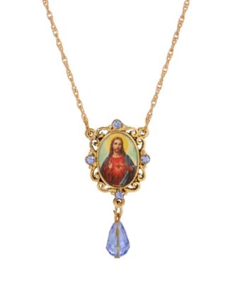 Gold-Tone Oval Decal Jesus Pendant Blue Bead 18" Necklace