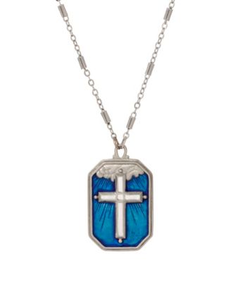 Silver Tone Blue Enamel Silver Cross 24" Necklace