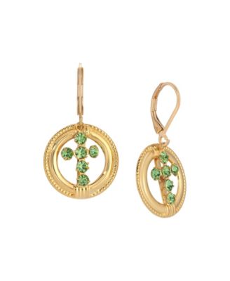 14k Gold Dipped Green Peridot Crystal Cross Leverback Earrings