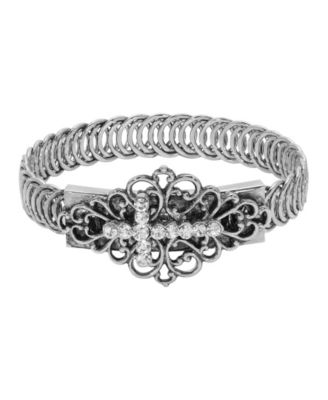 Silver Tone Clear Stone Cross Bracelet
