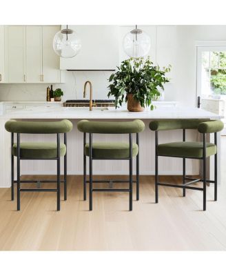24" Velvet Counter Height Stools with Arms, Metal Legs, Set of 3