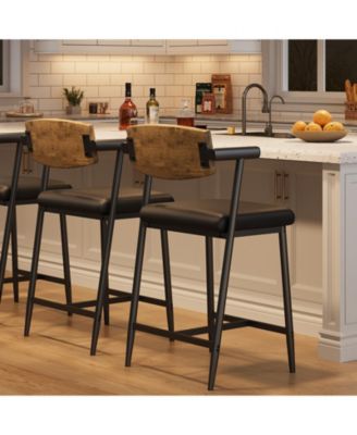 Set of 2 Counter Stools with Armrest, Upholstered Seat and Wood Back