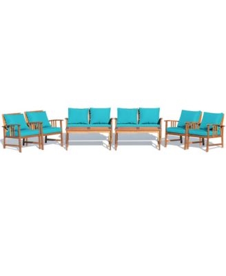 8pcs Wooden Patio Furniture Set Table and Sectional Sofa w/ Turquoise Cushion
