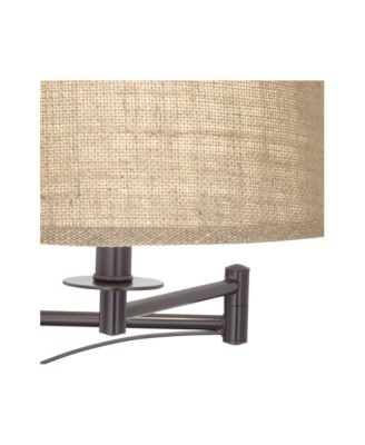 Brinly Farmhouse Rustic Swing Arm Wall Lamps Set of 2 Matte Brown Metal Plug-in Light Fixture Burlap Shade for Bedroom Living Room
