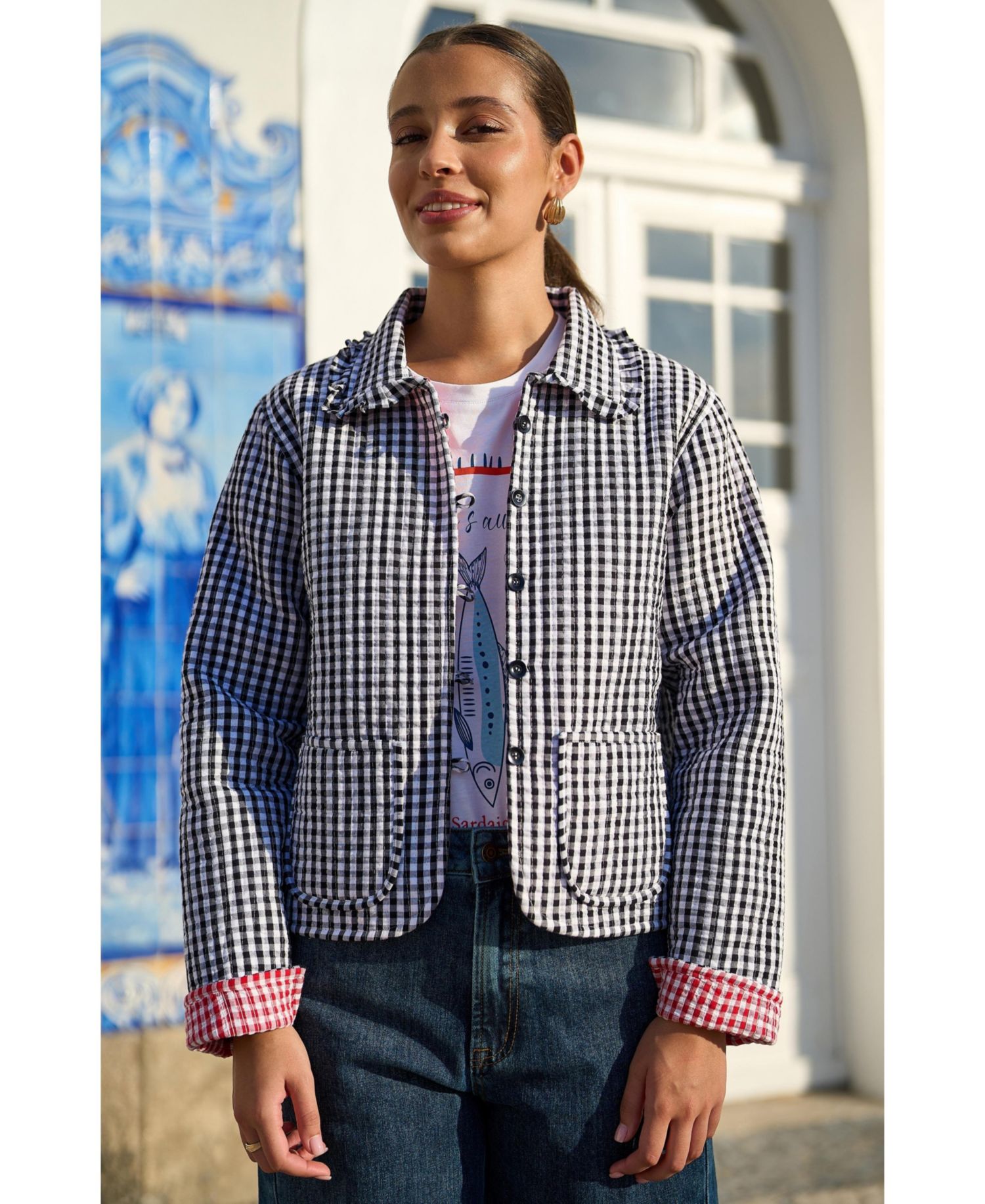 Women's Gingham Frill Collar Jacket