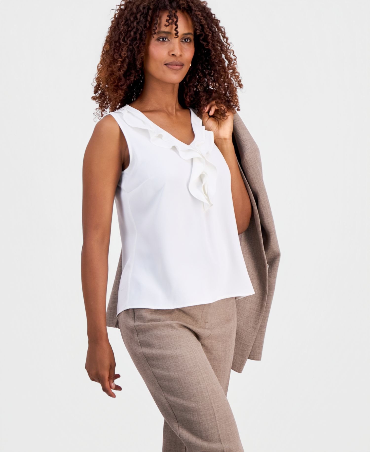 Women's Collarless Melange Jacket, Sleeveless Ruffle-Front Blouse & Straight-Leg Pants