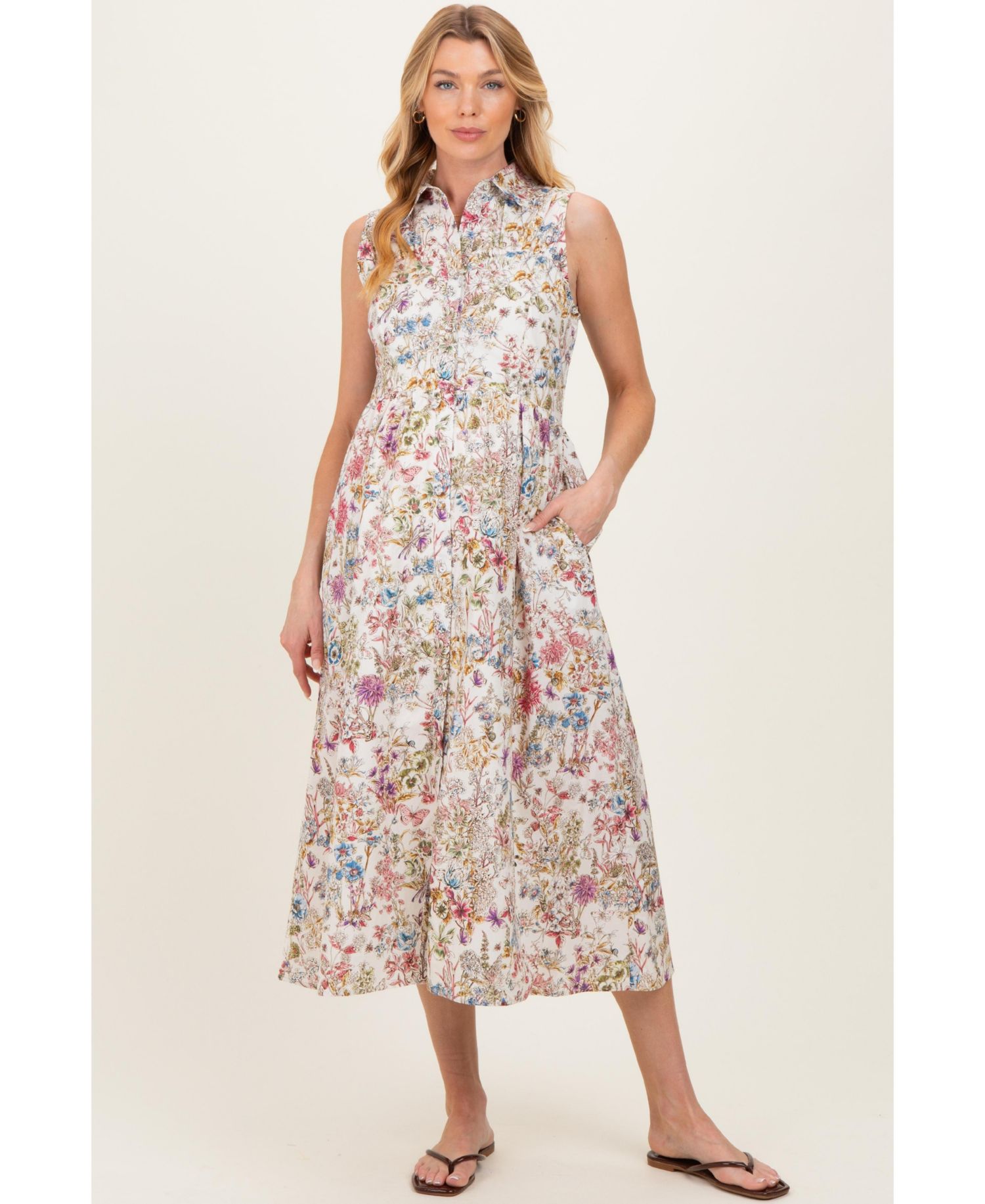 Women's Multicolor Garden Print Sleeveless Shirt Dress
