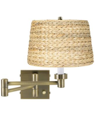 Modern Swing Arm Wall Lamp Plug-In Light Fixture Woven Seagrass Drum Shade Bedroom Bedside Reading