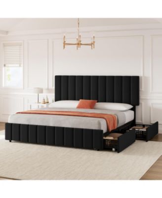 Upholstered Bed Frame with 4 Storage Drawers, Button Tufted Headboard and Footboard