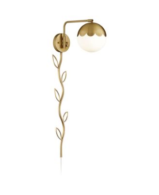 Kelowna Modern Swing Arm Wall Lamp with Cord Cover Brass Plug-in Light Fixture Glass Globe Shade for Bedroom Bedside Living Room Reading