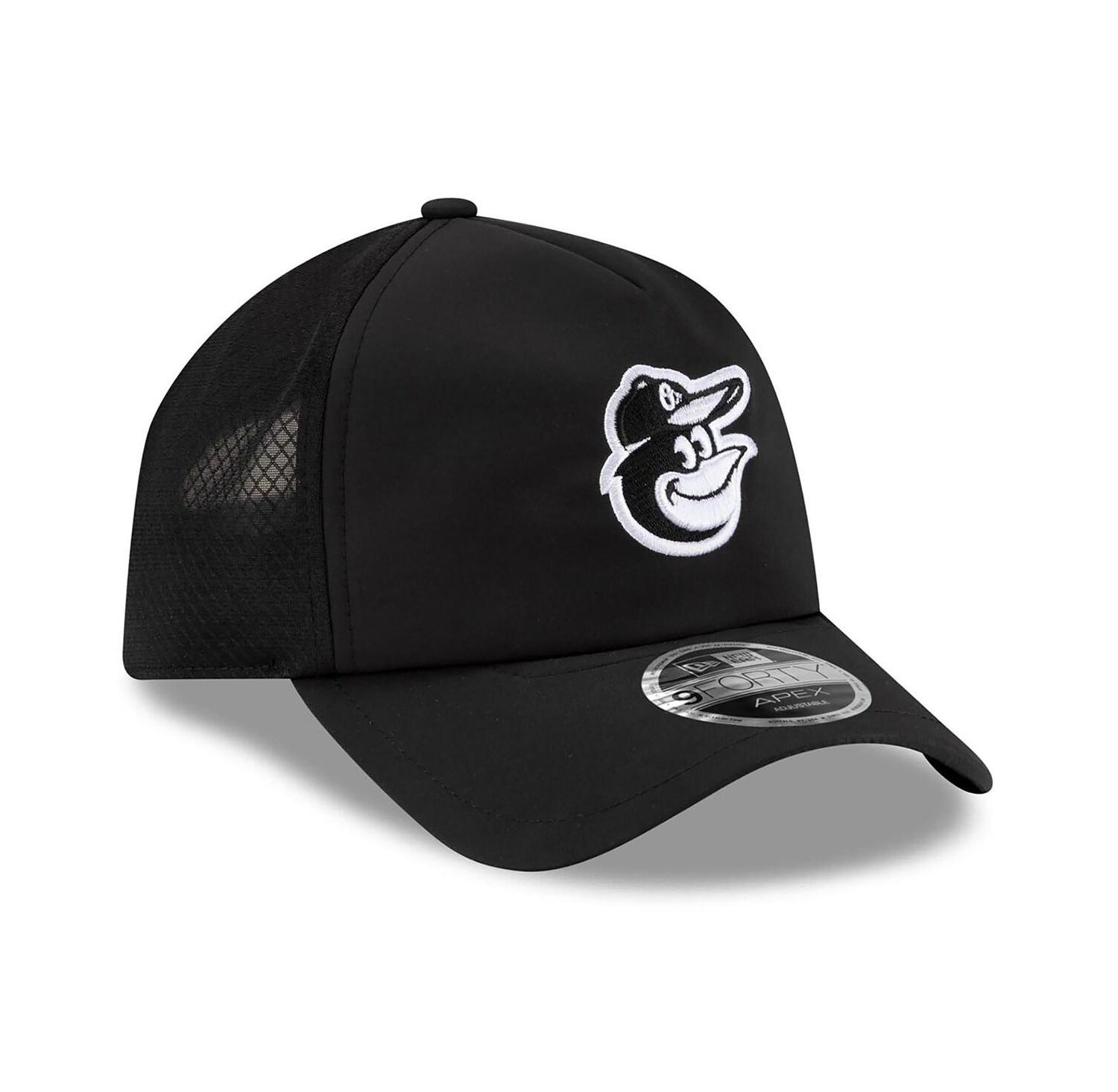 Men's Black Baltimore Orioles 2026 Batting Practice Apex 9FORTY Adjustable Trucker Hat