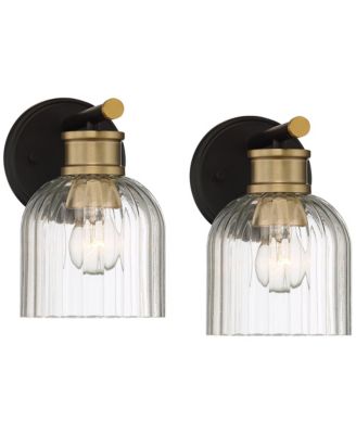 Lana 9" High Modern Wall Sconce Light Lamp Fixture Mount Set of 2 Bathroom Bedroom Hardwired Warm Brass Glass Shade