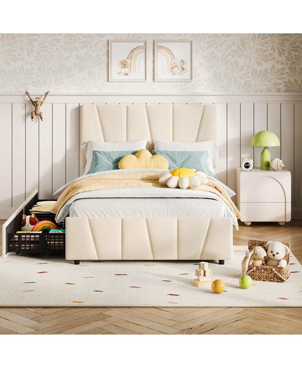 gaomon Twin Upholstered Bed Frame with Adjustable Headboard and 2 Drawers, Velvet Tufted Platform