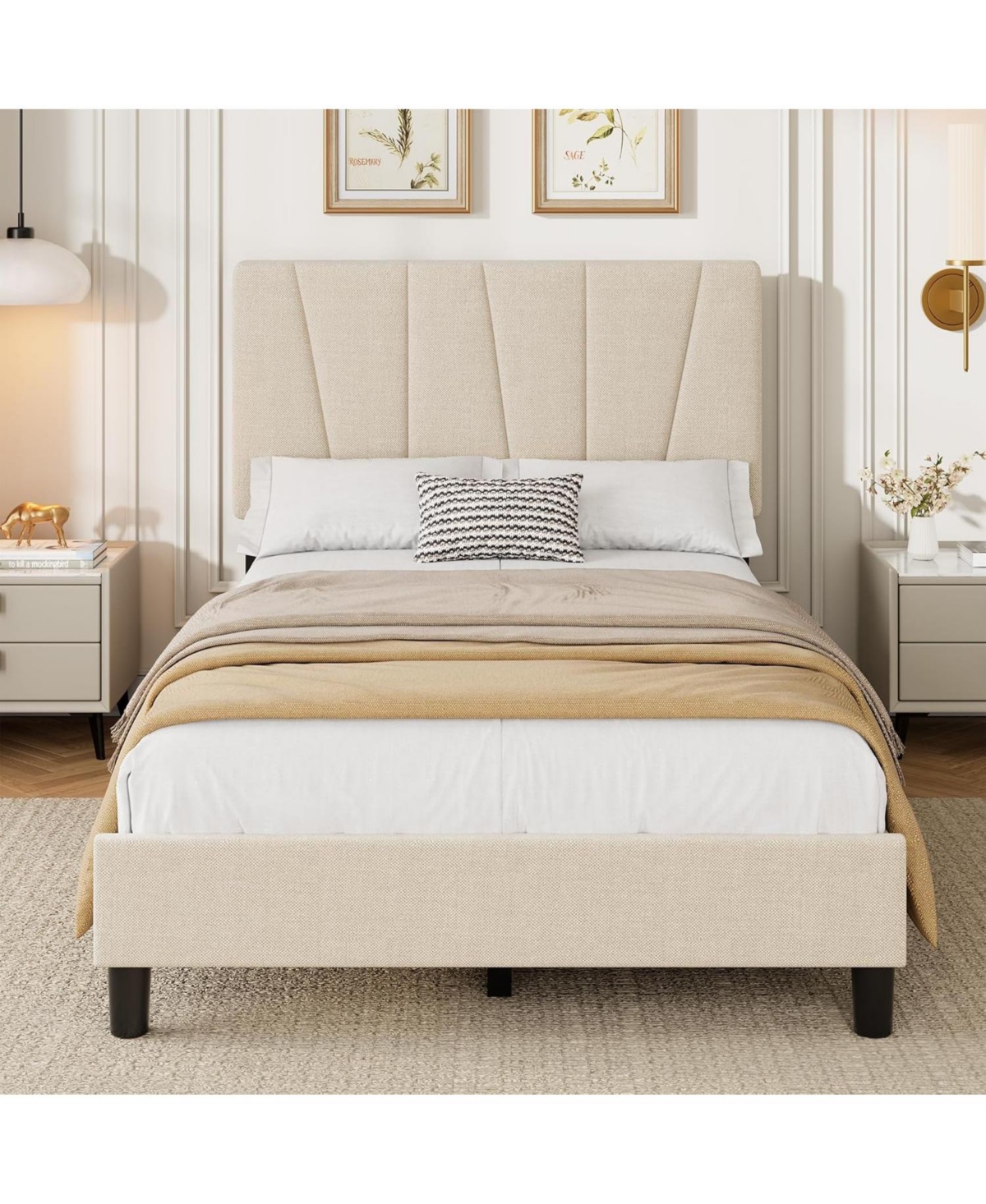gaomon Twin Upholstered Bed Frame with Adjustable Headboard, Linen Platform with Wood Slats