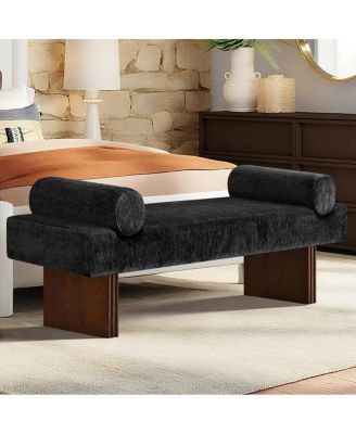 60" Chenille Bedroom Bench, End of Bed Upholstered Bench with Bolsters