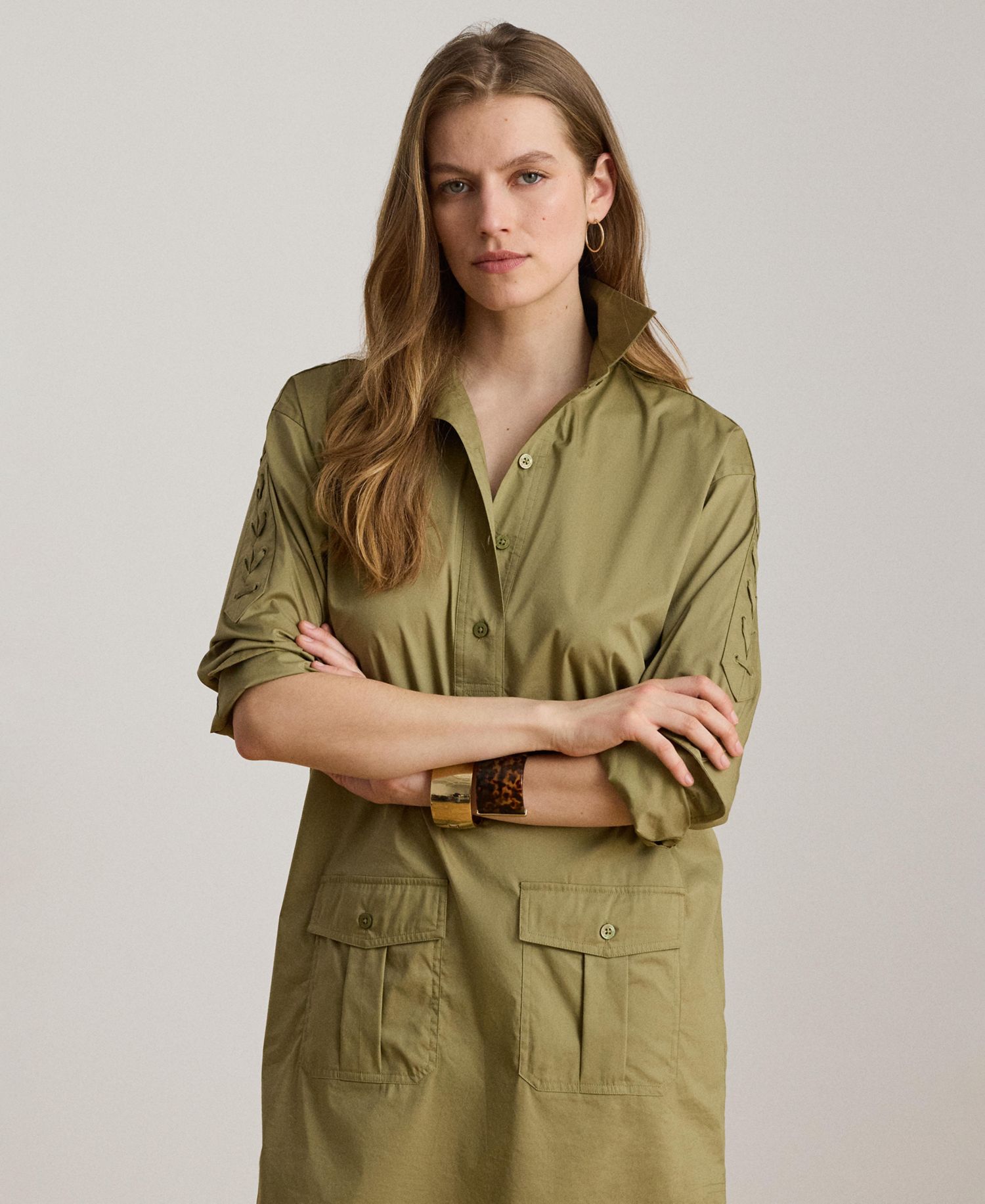 Women's Spread Collar Lace-Up Trim Shirt-Dress