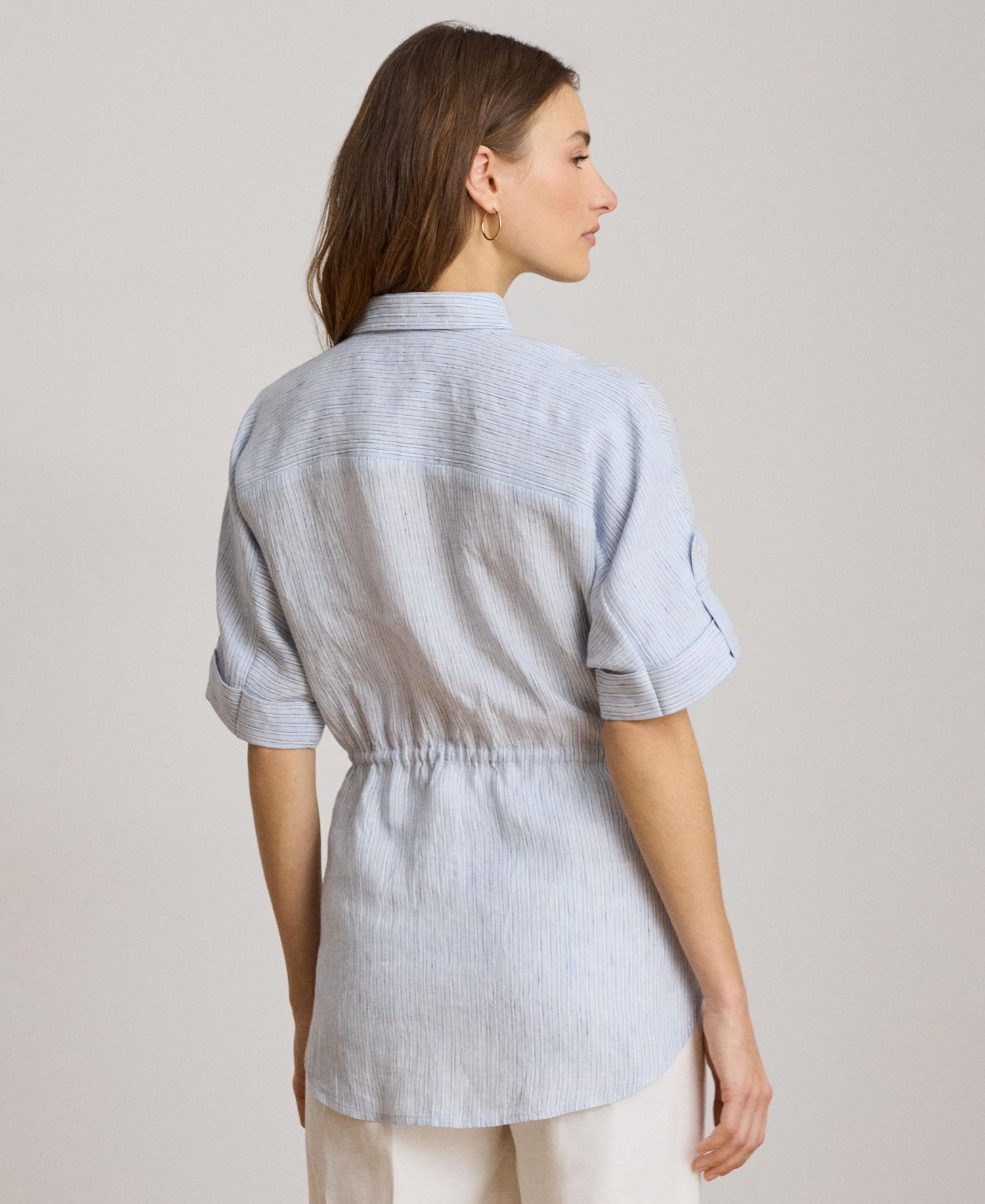 Women's Point Collar Striped Roll-Tab-Sleeve Tunic Shirt