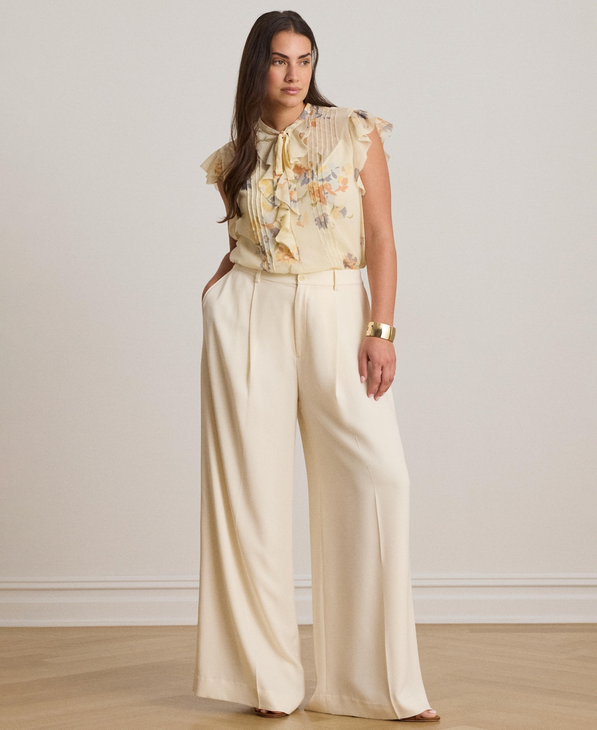 Lauren Ralph Women's Floral Pintucked Band Collar Tie-Neck Blouse